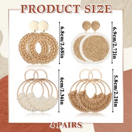 Handmade Raffia Rattan Bohemian Round Drop Dangle Earrings Set 4 Pairs Beach Essentials Dangle Fashion Lightweight Summer Statement Hoop Dangle Drops Straw Earring - Vacation Essential