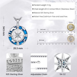Eusense Compass Pendant 925 Sterling Silver Compass Necklace Jewellery Graduation Memorial Gift for Men Women, Sterling Silver, No Gemstone