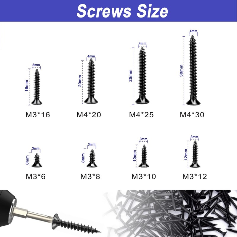 Flat Head Short Screw Assortment Set, M3&M4 Black Phillips Assorted