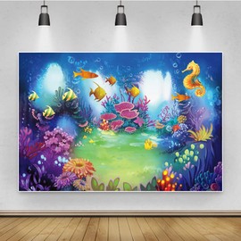 Renaiss 2.2 x 1.5 m Cartoon Ocean Little Mermaid Background Under The Sea Coral Fish Hippocampus Photography Background Baby Shower Summer Theme Birthday Party Decoration Studio Props