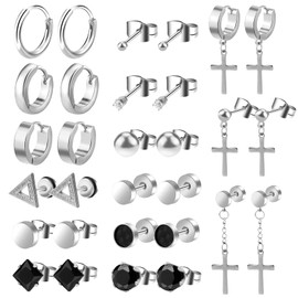 ONESING 15 Pairs Earrings for Men Black Stud Earrings Mens Earrings Stainless Steel Black Earrings for Men Women Jewelry Piercing Hoop Earrings Set Silver