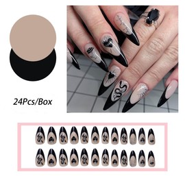 24Pcs Black French Tip Press on Nails Long Almond Fake Nails Full Cover Glue on Nails Length Stiletto with Black Rose Heart Snake Stick on Nails Spider Web False Nails for Women y2k Nail Decor Kit