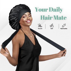 Ptrin Satin Bonnet, Double-Sided Silk Bonnets for Sleeping, Night Hairs Sleep Cap with Elastic Band,Head Cover Hat for Women Girls Long, Straight, Curly Hair for Women Black