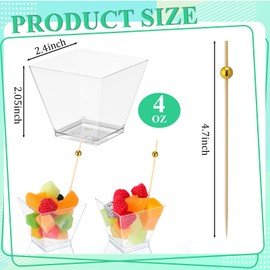 Reallnaive 4 oz 150 Pcs Mini Appetizer Charcuterie Cups Plastic Kova Cups with 100 Pcs Cocktail Sticks for Party Clear Parfait Square for Mousse Puddings Layered Cakes Salad Appetizer