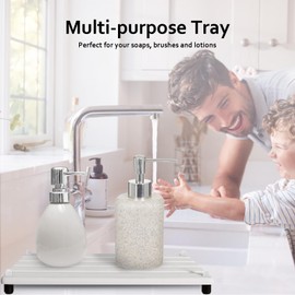 2 PCS Water Absorbing Stone Trays for Bathroom Sink & Kitchen Counter, Fast-Drying Diatomite Sink Caddy, Vanity Tray, Hand Soap Holder with Anti-Skid Feet (11" x 4.7" White)