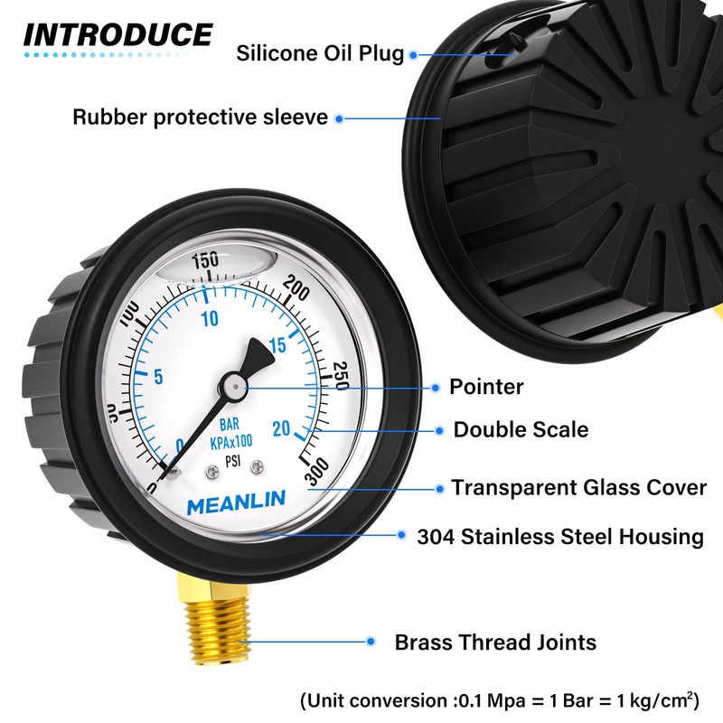 MEANLIN MEASURE 0~300Psi Stainless Steel Liquid Filled Pressure Gauge 1/4"