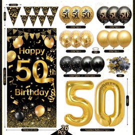 50th Birthday Decoration, Rainllon 50th Birthday Men Women, Confetti Decoration 50th Birthday, 50th Birthday Decoration Balloons Black Gold, Birthday Decoration 50 Years Long Banner Background, 50th