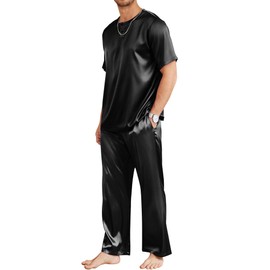 Ekouaer Silk Pajamas for Men Button Down Short Sleeve Satin Pajama Set Classic Pj Sets with Long Pants Black X-Large