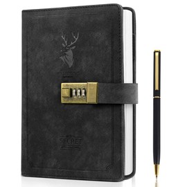 ZukoCert Journal With Lock A5 PU Leather Diary With Lock 240 Pages, Retro Journal With Lock And Key To Protect Your Privacy, Unisex.（Deer Head Style, Black）