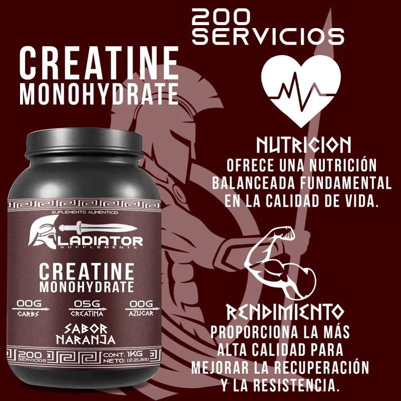 Creatina Gladiator Monohidratada 1kg 200 Servicios Sabores Naranja