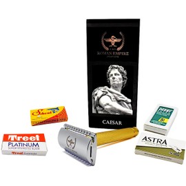 Roman Empire Shaving Double Thread Caesar Gold Safety Razor by Roman Empire Shaving, Classic Razor, Steel Safety Razor with 20 Blades (Astra-Derby Shark Treet)