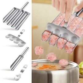 XYDHQS Meatball Maker Tool, 4 In 1 Quadruple Tube and Single Tube Long Handle Meatball Maker Tool Stainless Steel, Multifunctional Smooth Surface Meat Baller Scoop for Home Kitchens