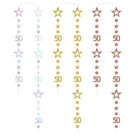 3 Pieces Of Rose Gold Latte Art, 50Th Birthday Decorations, Glittering Star Number Latte Art, Hanging Streamers, Background Decoration, Suitable For Birthday And Anniversary Parties