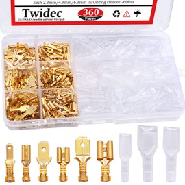 Twidec Twidec/360Pcs 2.8/4.8/6.3mm Quick Splice Male and Female Wire Spade Connector Crimp Terminal Block Assortment Kit Golden with Insulating Sleeve for Electrical Wiring Car Audio Speaker N-002