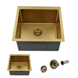 WMXQX 15 Inch Gold Undermount Bar Sink, 15x15 Bar Sink Undermount Gold Small Wet Bar 18 Gauge Single Bowl Stainless Steel Kitchen Sinks with Basket Strainer