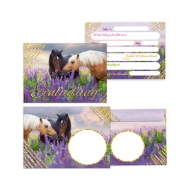 Minkocards 12 Invitation Cards for Children's Birthday Parties Girls Horses Including 12 Envelopes, 12 Party Bags/Natural, 12 Stickers Invitation Set
