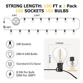 Achin 200FT Outdoor String Lights G40 Globe Patio Lights Waterproof Outdoor Hanging Lights with 104 Shatterproof LED Bulbs Dimmable String Lights for Outside Bistro Backyard Market, 100FT x 2Pack