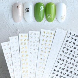 7 Sheets Letters Nail Decals - Old English Letter Designs, Metallic Gold, Silver, Black, White Alphabet Stickers, 3D Self-Adhesive Nail Art Supplies for Women & Girls DIY Decor