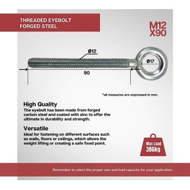 DOJA Industrial Eye Bolt Closed M12 x 90, Pack of 4, Eye Screw Threaded Rod, Eyelet Eye Bolt Screw, Eye Bolt with Thread, Eyelet Screw, Eye Bolt, Eye Bolt, Ring Bolt, Ring Bolt