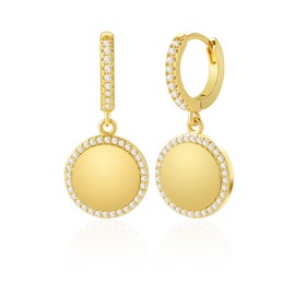 Mesovor Gold Coin Discs Hoop Earrings for Women, 18 Carat Gold-Plated Petite Small Diamond Disc Bar Earrings Jewellery, Gold-plated brass, Cubic Zirconia