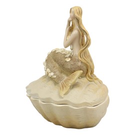 Ebros Gift Sand Brown Abstract Mermaid Sitting On Giant Sea Shell Jewelry Box Figurine With Sea Shell Ornaments 7" High Nautical Ocean Mermaids Siren Of The Seas Home And Bathroom Decorative Statue