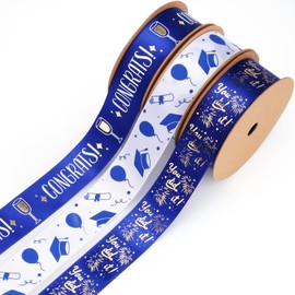 LaRibbons Graduation Ribbon 1 Inch x 10 Yards 3 Rolls, Blue and White Gold Congrats Grad Satin Ribbon for Gift Wrapping Class of 2025 Graduation Party Decorations DIY Crafts, Lei Making
