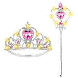 Vicloon 2PCS Light Up Princess Crown and Wands, Princess Dress Up Accessories for Little Girls, Princess Tiara Jewelry Toy for 3-6 Girl Christmas Birthday Cosplay Crown