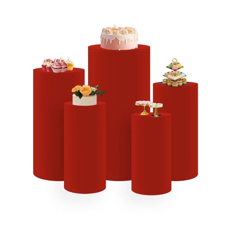 KONPON 5pc Red Cylinder Pedestal Display Covers for Birthday Parties,