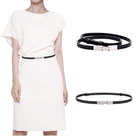 Women's Belts Skinny Soft Genuine Leather Belts Adjustable Slim Waist Belt Silver Metallic Plaque Buckle Waistband, 2-Pack, Black & Red