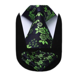 HISDERN Mens Green Floral Ties Woven Classic Necktie Set Formal Tie Pocket Suqare for Wedding Business with Handkerchief