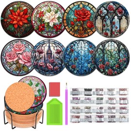 JHGCVX 8 Pcs Diamond Painting Coasters Kit,Flower Diamond Painting Kits with Holder,Diamond Art Coasters for Beginners Adults