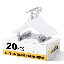 Quality 12-Inch Ultra Slim Kids Wooden Hangers – 20-Pack – Space Saving White Design with Nickel Swivel Hook – for Baby Clothes, Shirts & Dresses (White, Skirt/Blouse, 20 Pack)