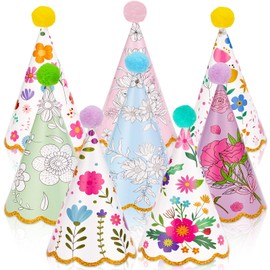 24 PCS Garden Party Hats Bulk with Pompoms Colorful Floral Theme Paper Cone Hats for Kids Happy Birthday Party Headwear Supplies Baby Shower Stuffed Animals Pets Parties Decorations Supplies