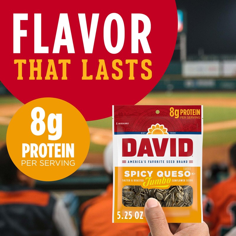 DAVID Roasted and Salted Spicy Queso Jumbo Sunflower Seeds, Keto