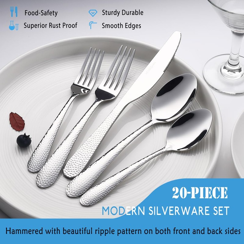 HOMECHEN 20-Piece Hammered Stainless Steel Flatware Set - Food-Grade Silverware