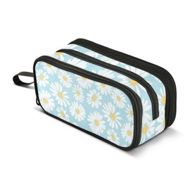 Daisy Flowers Teal Blue Pencil Case for Boys Girls, Large Capacity Pen Bag 3 Compartment Pencil Pouch Students Stationery Organizer Marker Case for School Office Work