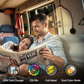 Obeaming Dimmable RV Reading Light, Aluminum 12V LED Reading Light with USB-C Charger, Red Nightlight & Flexible Gooseneck & Convenient Head Switch, Designed for Camper Van Boat DC12-24V (Black)