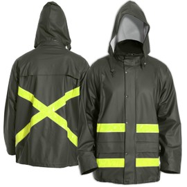 MontGear Hi-Vis Rain Jacket for Men – Waterproof Work Safety Coat with Reflective Strips, EN 343 Certified, Durable PU(Green,L)