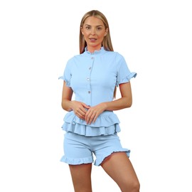 janisramone Damen Kurzgarnitur mit gerippten Rüschen, kurzärmlig, Knopfleiste, 2 Stück, 2 teiliges Set, Loungewear, Himmelblau
