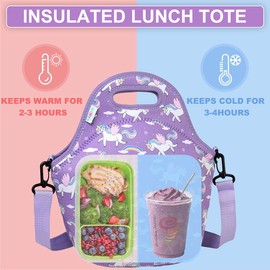 VASCHY Children's Lunch Bag, Cute Neoprene Insulated Lunch Bag for School, Nursery, Lunch Tote for Girls, Boys, Purple, Unicorn