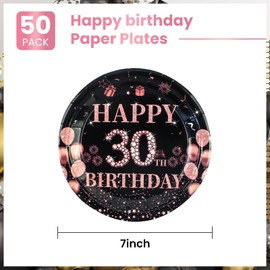 EVYIENEN 50PCS Rose and Gold Paper Plates,30th Happy Birthday Disposable Tableware Party Plates for Boys,Girls,Women,30th Birthday Party Supplies Table Decor