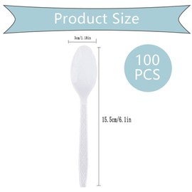 100 PCS Disposable Plastic Spoons, 6.1In White Disposable Teaspoons, Disposable Spoons, Disposable Plastic Cutlery for Dinners, Buffets, Take-Out, Catering, Food Services(White)