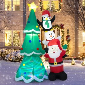 Tangkula 8FT Inflatable Christmas Tree & Santa Claus w/LEDs & Air Blower, Blow Up Yard Decoration, Inflates Christmas Tree w/Snow Man and Penguin, Indoor Outdoor Inflatable Decoration for Yard Lawn