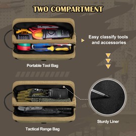 Trahzia Small Canvas Tool Pouch with Zipper, 12 Inch Tool Organizer Bag, Double Layer Utility Storage Bag with Shoulder Strap for Electrician, Khaki/Green (Empty Bag)