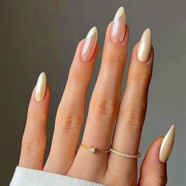 24Pcs Almond French Press on Nails Short, Yellow Glossy Acrylic French Tips Fake Nails, Ballerina False Nails with Waves Designs Full Cover Stick on Nails for Women and Girls