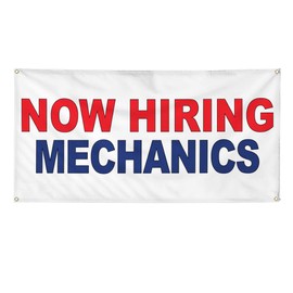 Vinyl Banner Multiple Sizes Now Hiring Mechanics Red Blue Business Outdoor Weatherproof Industrial Yard Signs 6 Grommets 36x72Inches