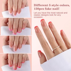 Dsixnails Pink Short French Tip Press on Nails, 150pcs Square Soft Nail Tips in 15 Sizes, 3 in 1 Pre-lasting Acrylic Gel Nail Tips, Soak Off Fake False Nail Tips Extension for Women Girl Nails