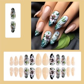 Flower Press On Nails Almond Fake Nails Medium False Nails With Design Nude Acrylic Nails Full Cover Artificial Nails Glossy Spring Glue On Nails Stick On Nails For Women Manicure 24pcs