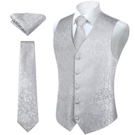 Hisdern Men's Floral Wedding Waistcoat, Tie and Handkerchief Set, Jacquard Waistcoat Suit Set, silver-grey