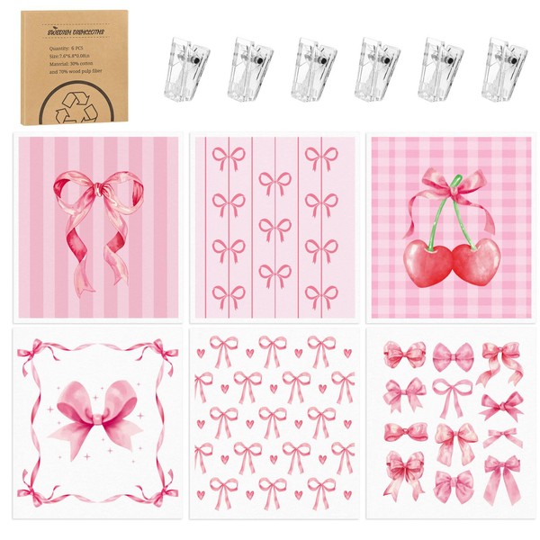 6 Pack Pink Bow Swedish Dishcloths for Kitchen, Bow Swedish